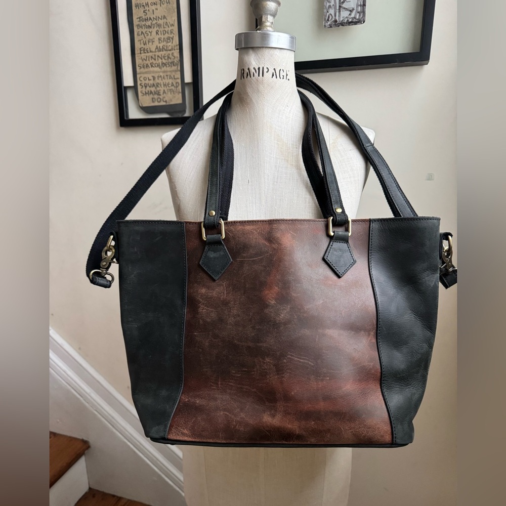 S-Zone Black Brown Distressed Leather Shoulder Bag Work Computer Travel Tote